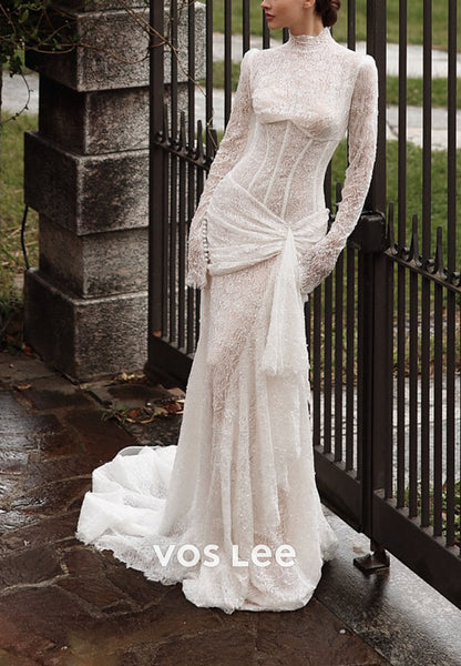 Elegant High Neck Sheer Long Sleeve Lace Mermaid Wedding Dress with Ruched