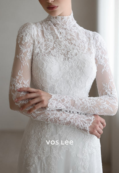 Modern Elegant High Neck Sheer Long Sleeve Lace Wedding Dress Bridal Gown