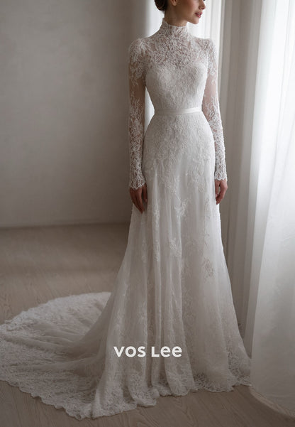 Modern Elegant High Neck Sheer Long Sleeve Lace Wedding Dress Bridal Gown