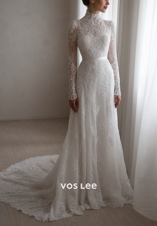 Modern Elegant High Neck Sheer Long Sleeve Lace Wedding Dress Bridal Gown