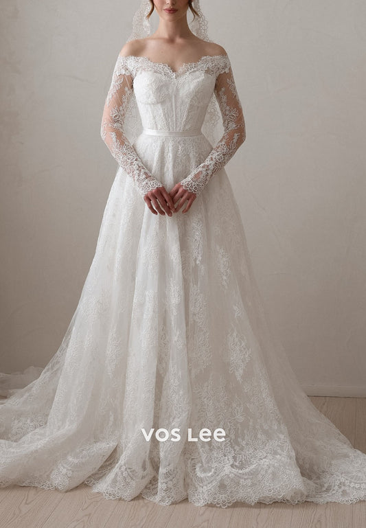 Off-the-Shoulder Lace Wedding Dress Long Sleeve Bridal Gown Wedding Dress for Timeless Brides