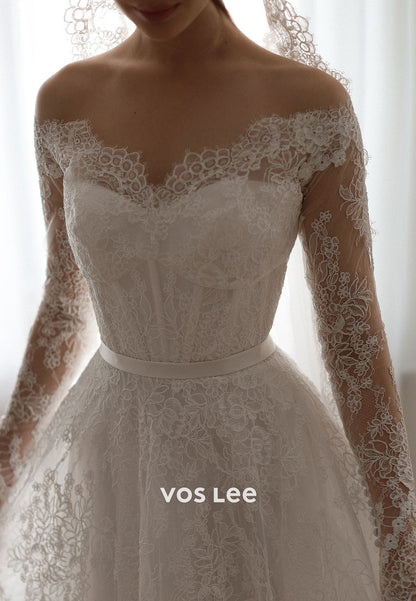Off-the-Shoulder Lace Wedding Dress Long Sleeve Bridal Gown Wedding Dress for Timeless Brides