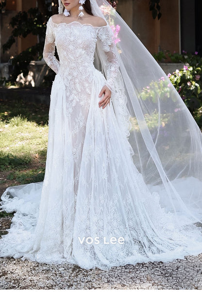 Romantic Off the Shoulder 3D Lace Mermaid Wedding Dress Long Sleeve for Outdoor Weddings