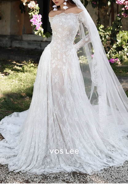 Romantic Off the Shoulder 3D Lace Mermaid Wedding Dress Long Sleeve for Outdoor Weddings