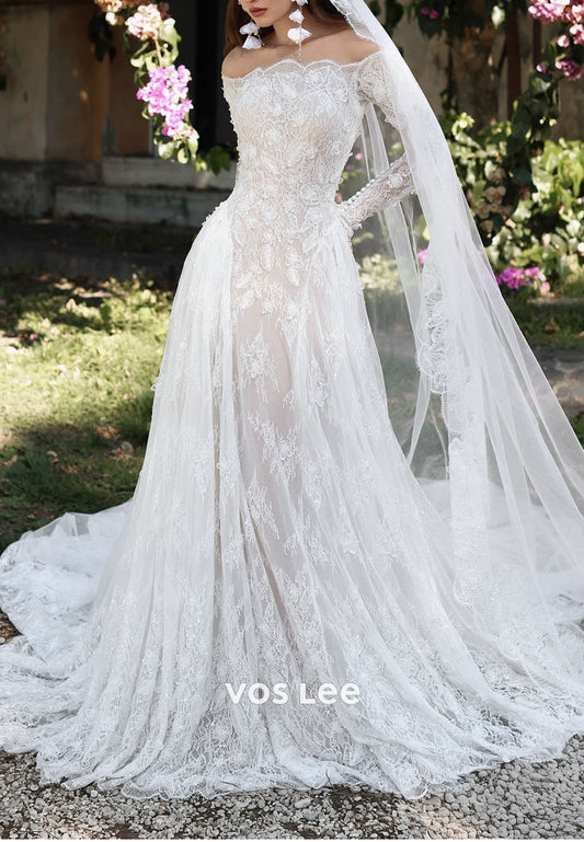 Romantic Off the Shoulder 3D Lace Mermaid Wedding Dress Long Sleeve for Outdoor Weddings