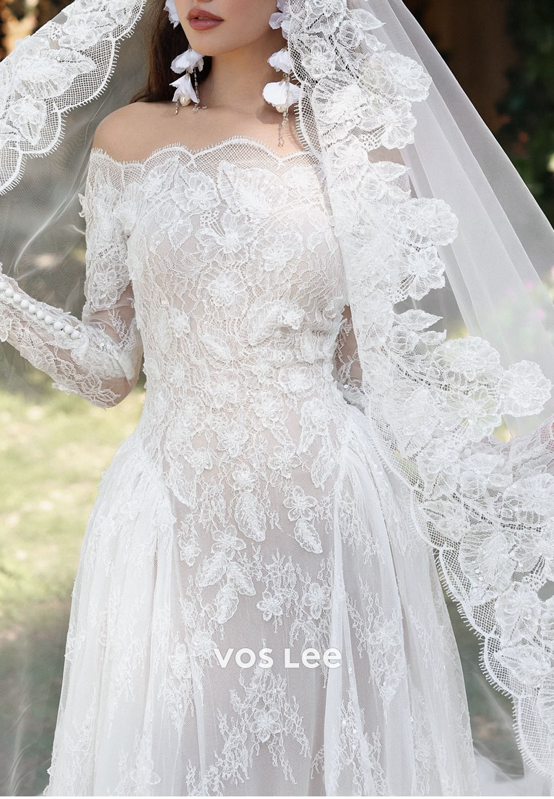 Romantic Off the Shoulder 3D Lace Mermaid Wedding Dress Long Sleeve for Outdoor Weddings