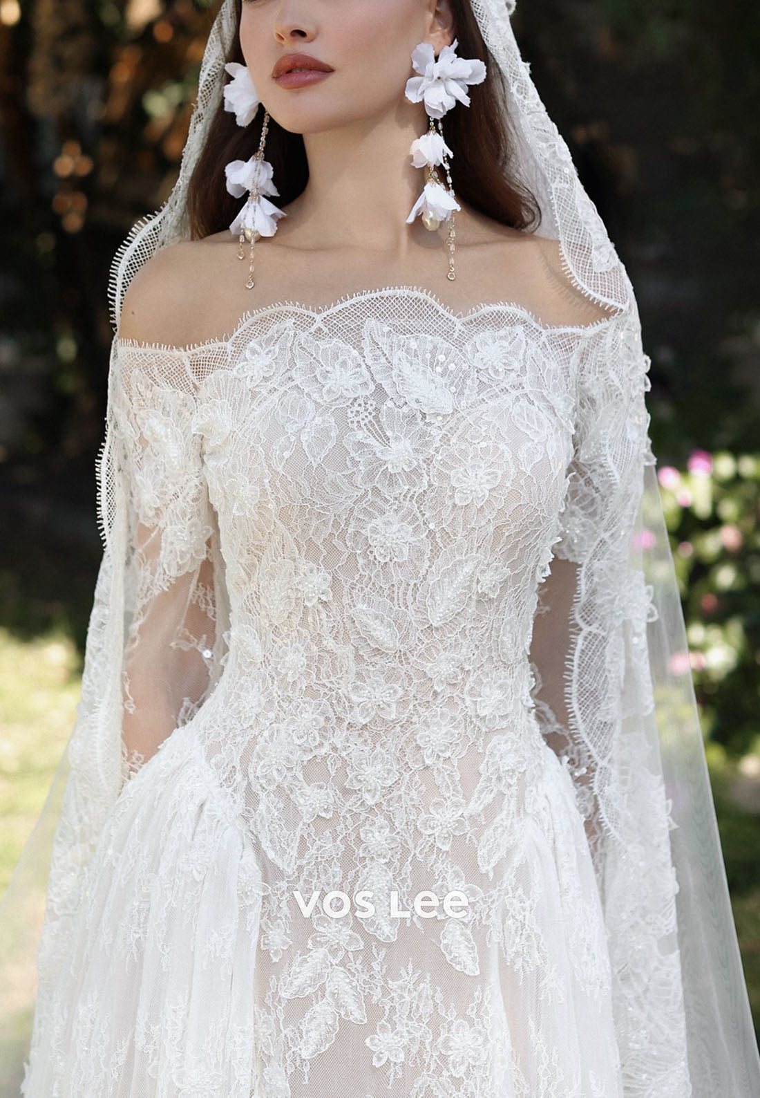 Romantic Off the Shoulder 3D Lace Mermaid Wedding Dress Long Sleeve for Outdoor Weddings