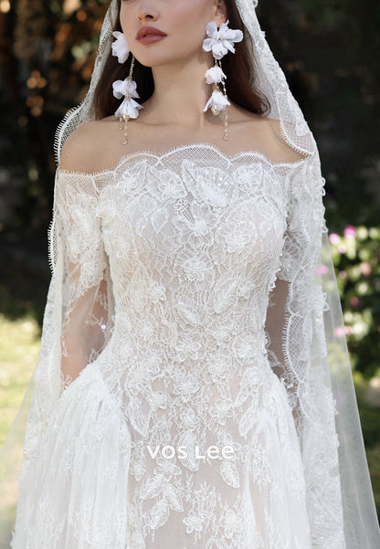 Romantic Off the Shoulder 3D Lace Mermaid Wedding Dress Long Sleeve for Outdoor Weddings