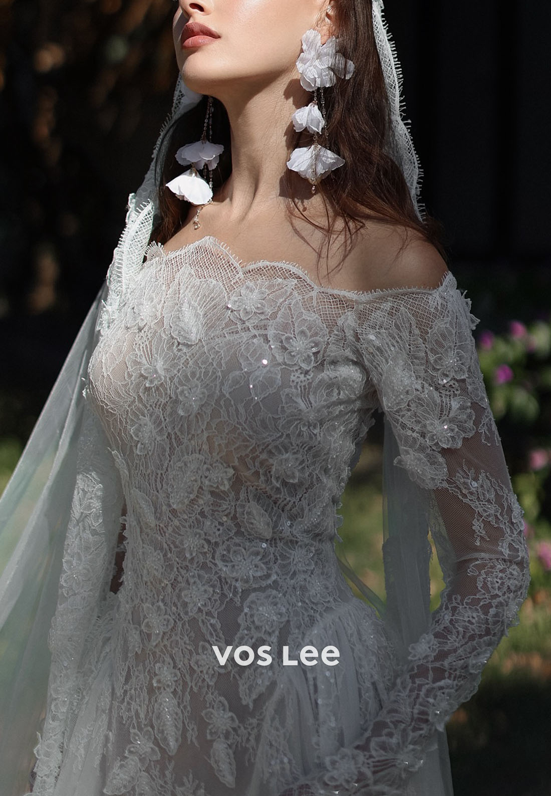Romantic Off the Shoulder 3D Lace Mermaid Wedding Dress Long Sleeve for Outdoor Weddings