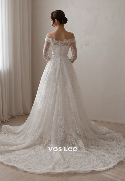 Off-the-Shoulder Lace Wedding Dress Long Sleeve Bridal Gown Wedding Dress for Timeless Brides