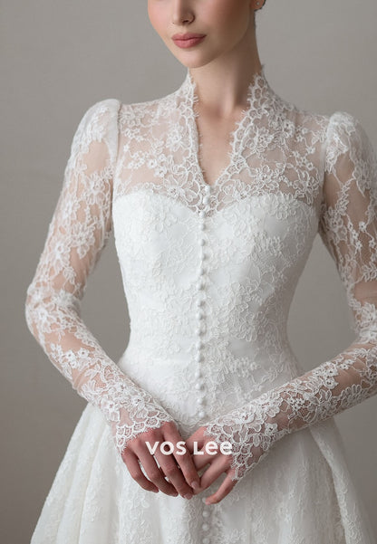V-neck Lace Wedding Dress Long Sleeve Buttons Bridal Gown A-line Tulle Wedding Dress
