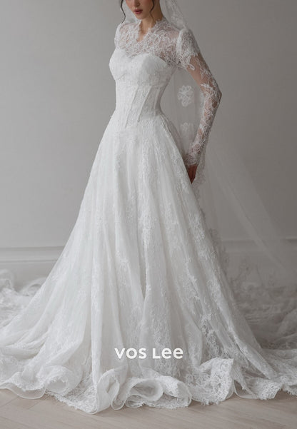 Elegant Long Sleeve V-Neck Appliques Lace Covered Button Beading Wedding Dresses