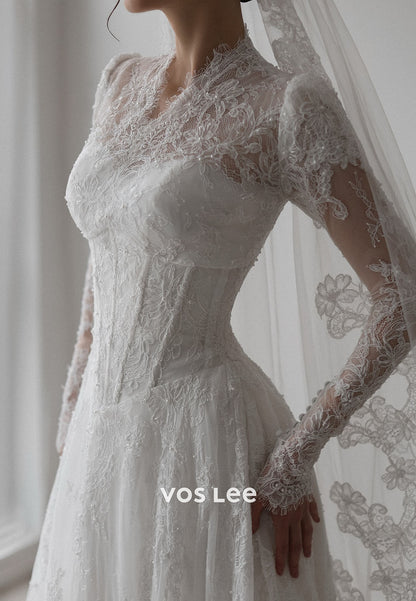Elegant Long Sleeve V-Neck Appliques Lace Covered Button Beading Wedding Dresses