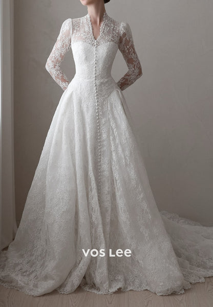 V-neck Lace Wedding Dress Long Sleeve Buttons Bridal Gown A-line Tulle Wedding Dress