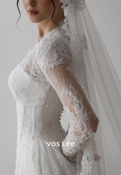 Elegant Long Sleeve V-Neck Appliques Lace Covered Button Beading Wedding Dresses