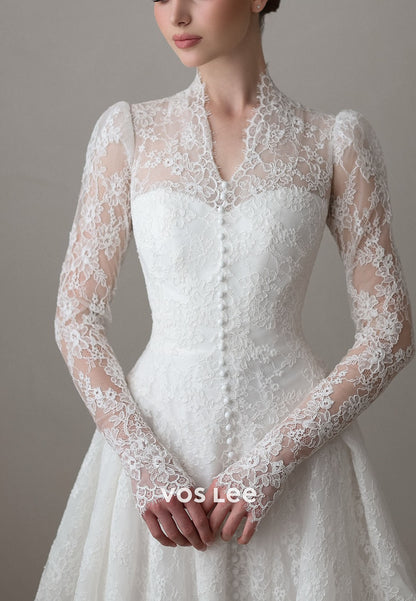 V-neck Lace Wedding Dress Long Sleeve Buttons Bridal Gown A-line Tulle Wedding Dress