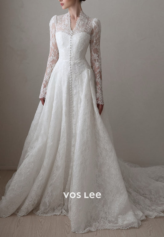 V-neck Lace Wedding Dress Long Sleeve Buttons Bridal Gown A-line Tulle Wedding Dress