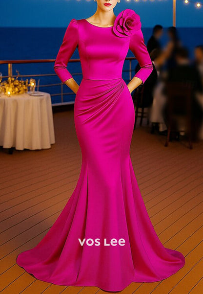 Elegant  Long Sleeves Pleat Evening Dress With 3D Flowers