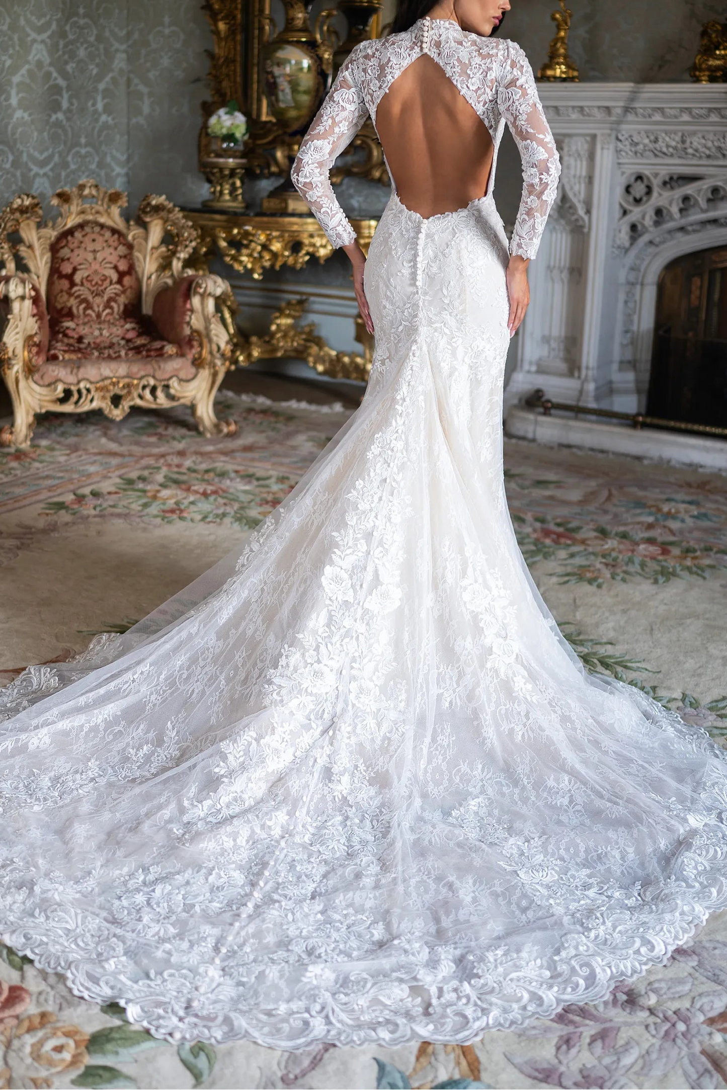 High Neck Long Sleeve Lace Mermaid Wedding Dress with Cathedral Train