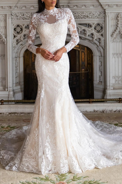 High Neck Long Sleeve Lace Mermaid Wedding Dress with Cathedral Train