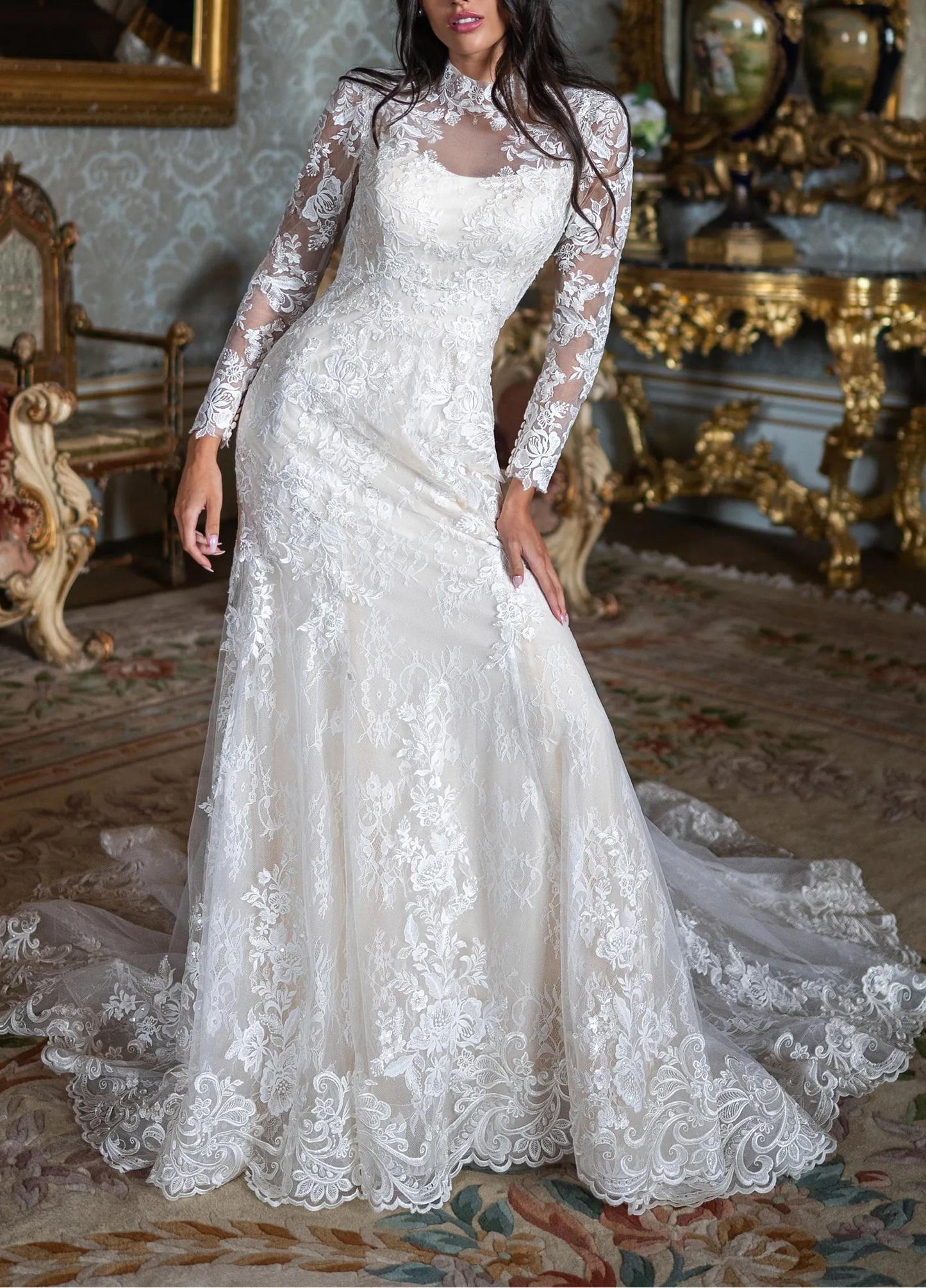 High Neck Long Sleeve Lace Mermaid Wedding Dress with Cathedral Train