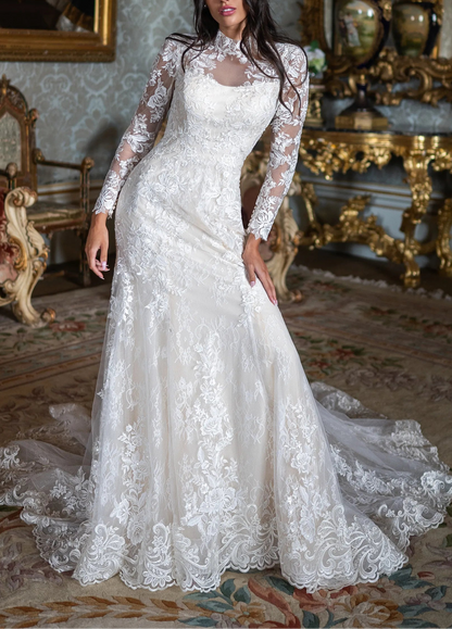 High Neck Long Sleeve Lace Mermaid Wedding Dress with Cathedral Train