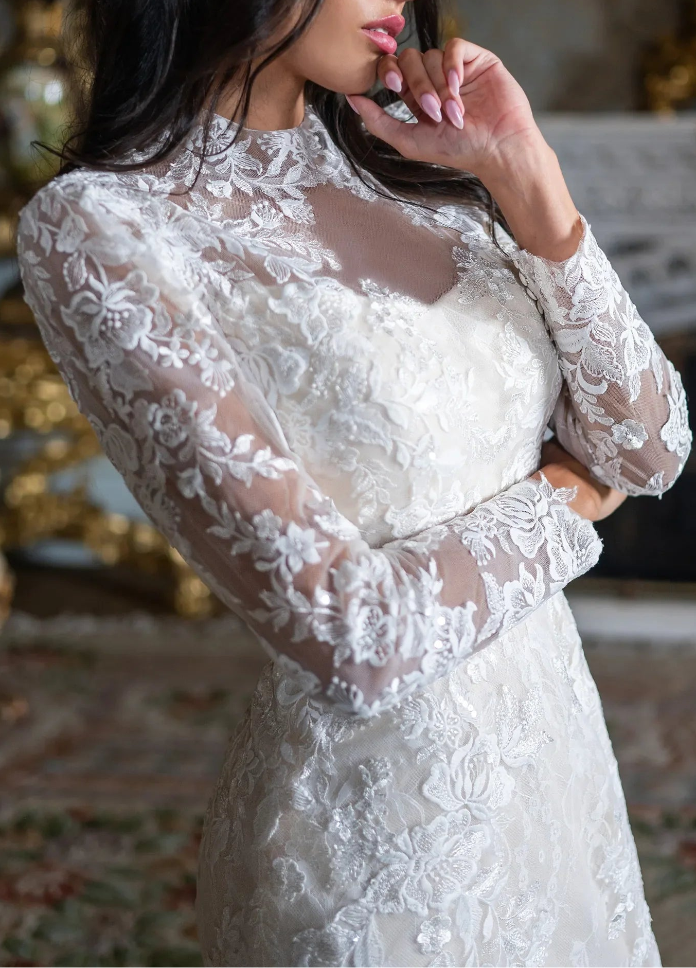 High Neck Long Sleeve Lace Mermaid Wedding Dress with Cathedral Train