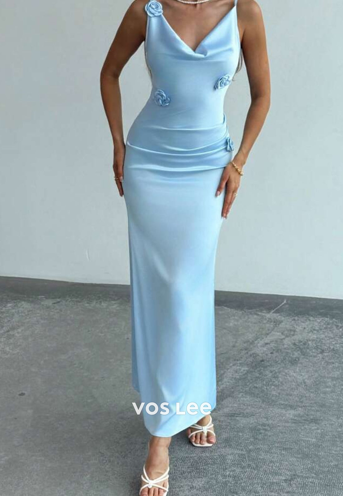 Spaghetti Straps V Neck Flowers Embellished Ankle-Length Mermaid Evening Dresses