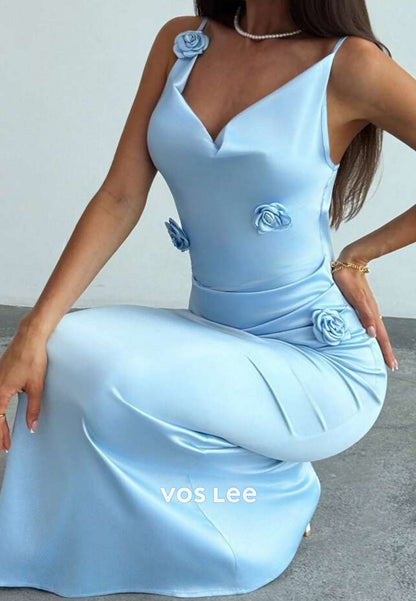 Spaghetti Straps V Neck Flowers Embellished Ankle-Length Mermaid Evening Dresses