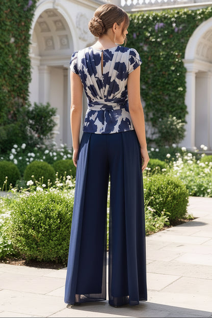 A-Line V-Neck Short Sleeves Floor-Length Mother of the Bride Floral Pants Suit