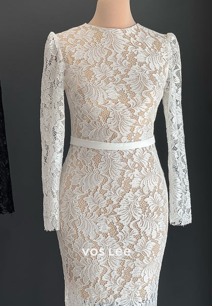 Illusion Cutout Long Sleeve Scoop Lace Mermaid Evening Dresses with Sweep Train