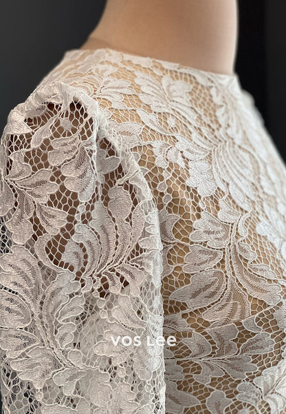 Illusion Cutout Long Sleeve Scoop Lace Mermaid Evening Dresses with Sweep Train