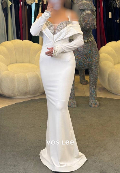 Long Sleeve Sweetheart Spaghetti Straps Rhinestone Pleated Mermaid Evening Dresses