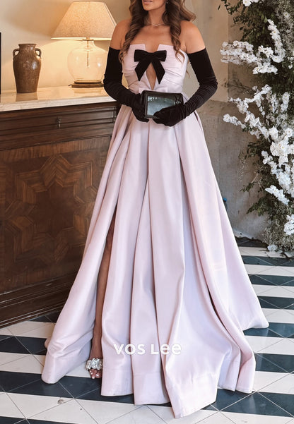Classic & Fashion A-Line V Neck Bowknot Pleated Evening Dresses with Court Train