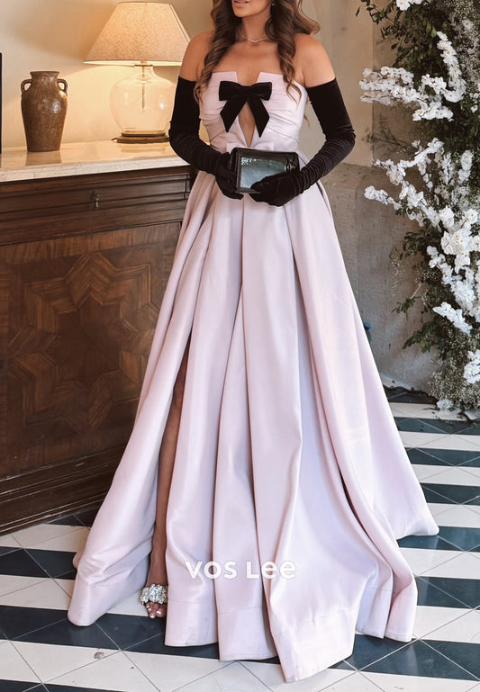 Classic & Fashion A-Line V Neck Bowknot Pleated Evening Dresses with Court Train