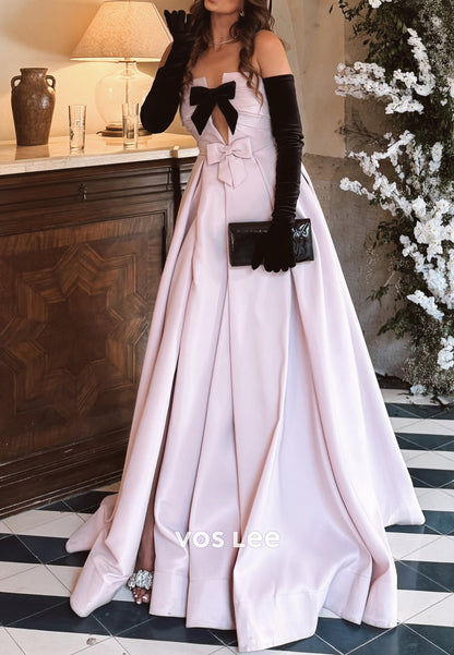 Classic & Fashion A-Line V Neck Bowknot Pleated Evening Dresses with Court Train