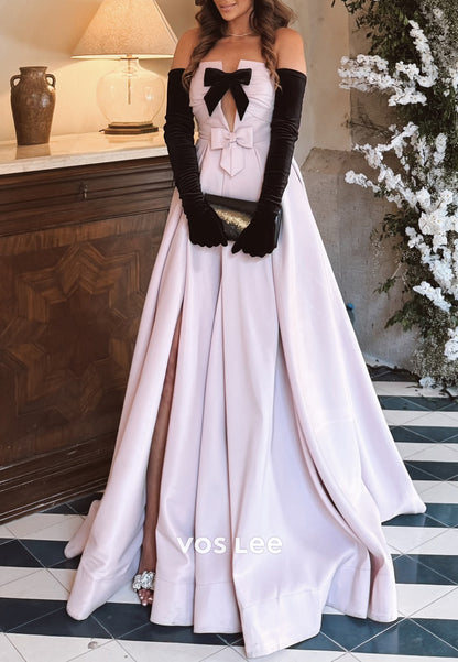 Classic & Fashion A-Line V Neck Bowknot Pleated Evening Dresses with Court Train