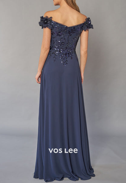 A-Line Off the Shoulder Beaded Sequins Ruched Mother of Bride Dresses with Split