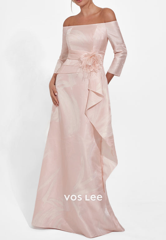 3/4 Sleeve Off the Shoulder Feather Flowers Sheath Mother of Bride Dresses with Sweep Train