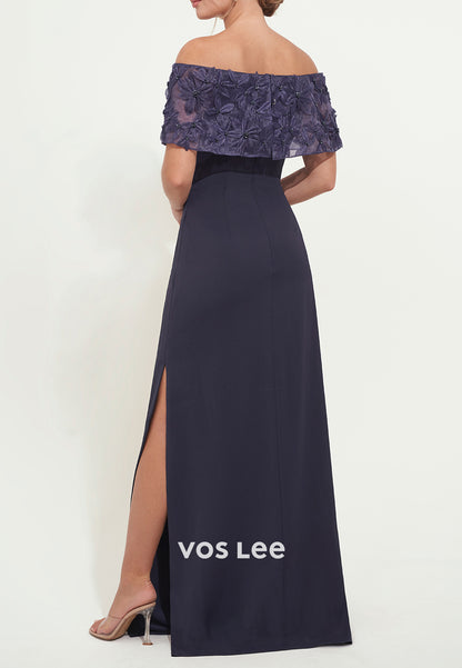 Off the Shoulder Floral Embossed Ruched Mermaid Mother of Bride Dresses with Side Split