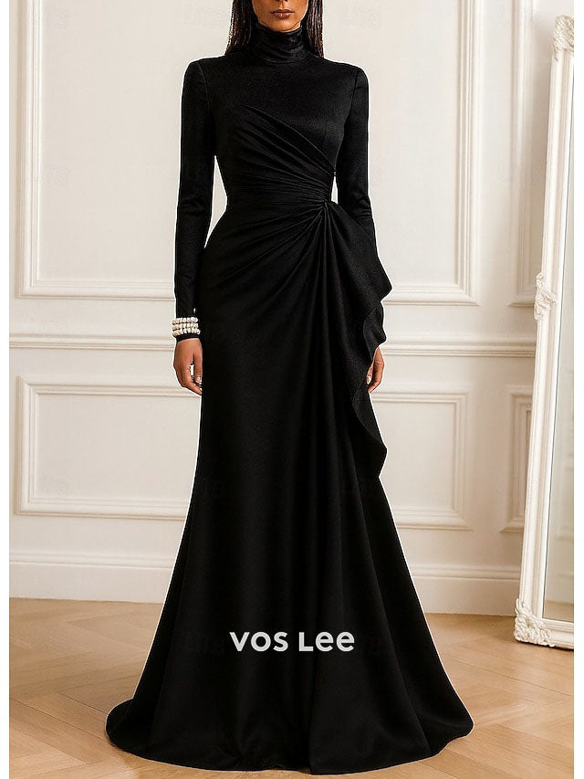 Emerald Green High Neck Satin Evening Gown | Long Sleeve Ruched Mermaid Formal Dress