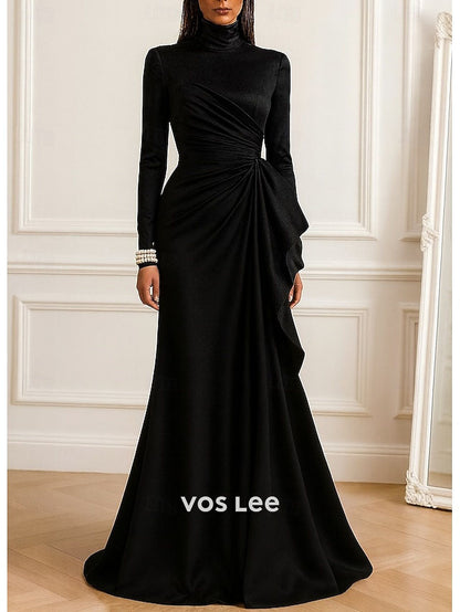 Emerald Green High Neck Satin Evening Gown | Long Sleeve Ruched Mermaid Formal Dress
