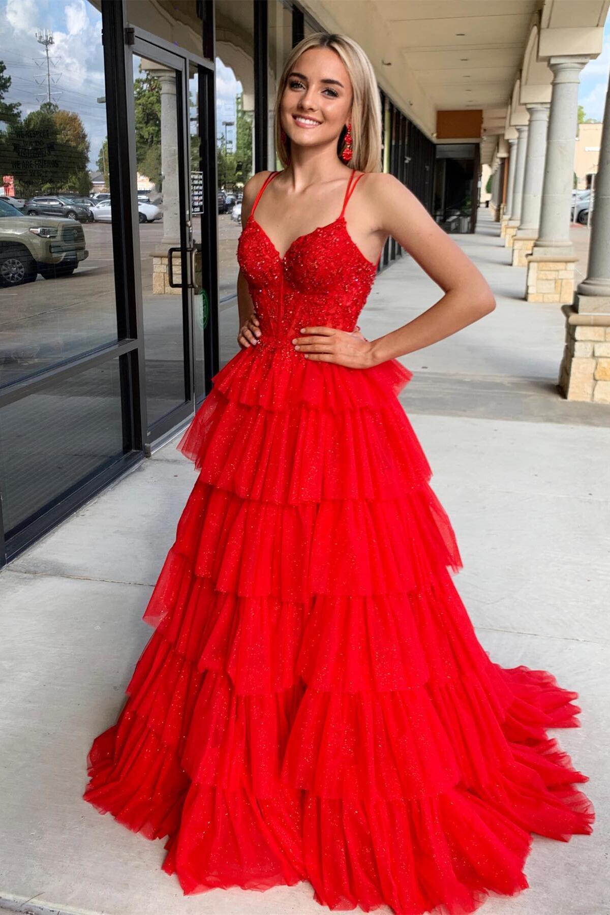 Straps Blue Appliques Tiered Ruffle Long Formal Dress