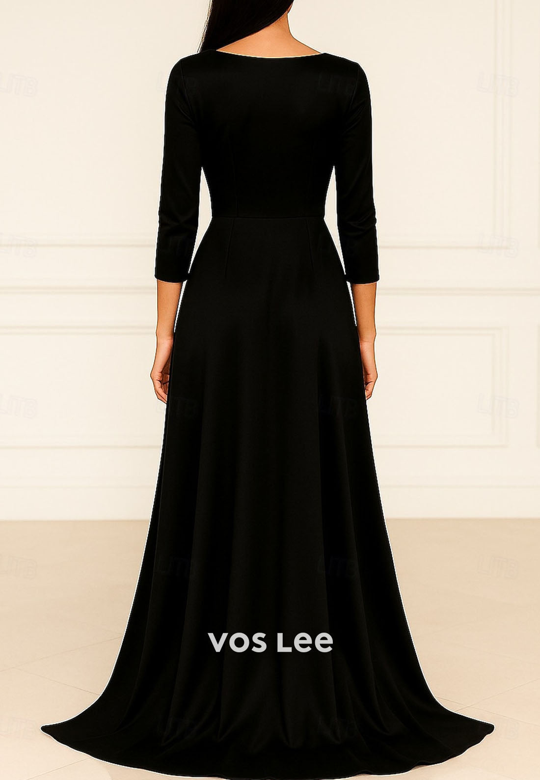 Black Satin Long Sleeves Sheath Evening Dress With Gold Leather Pleat Dress