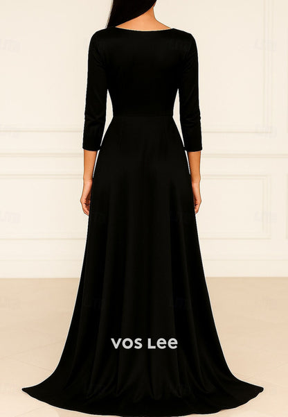 Black Satin Long Sleeves Sheath Evening Dress With Gold Leather Pleat Dress