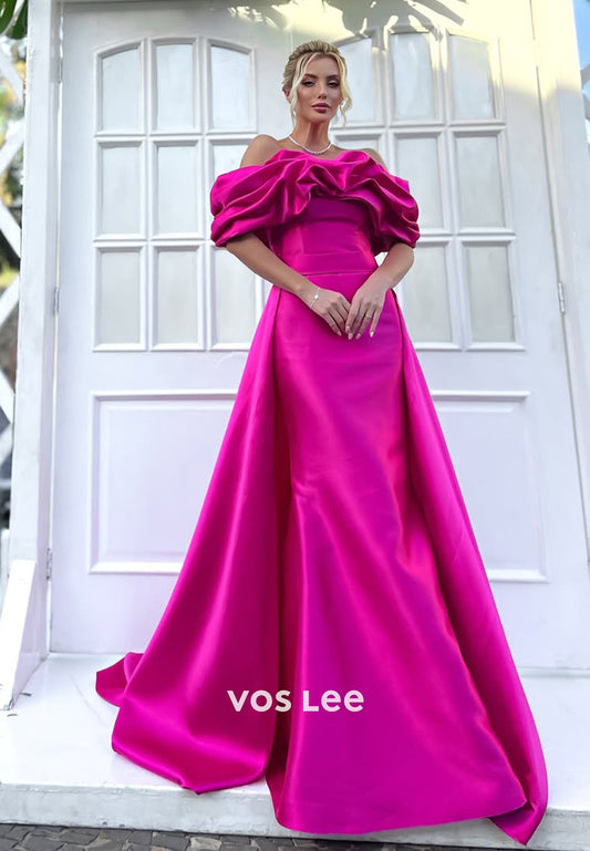 Chic Ruched Off-Shoulder A-Line Solid Fuchsia Evening Dress Formal Party Guest Gown