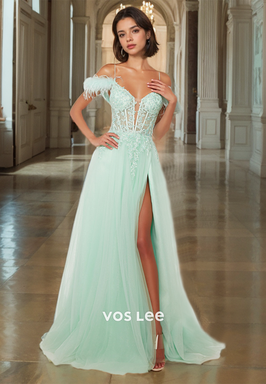 Mint Green A-Line Sweetheart Quinceanera Dresses Feathers Off-Shoulder Tulle Floor Length Prom Dress with High Slit