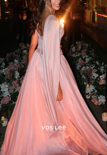 Elegant Pink Pleat A line Evening Dress Split Formal Gownsn With Crystals Cape