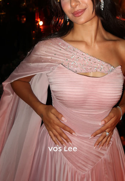Elegant Pink Pleat A line Evening Dress Split Formal Gownsn With Crystals Cape