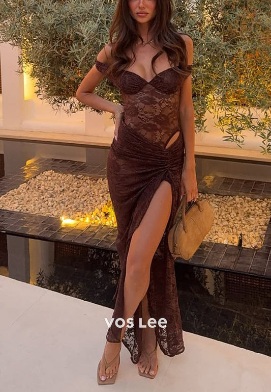 Sexy Lace Off the Shoulder Long Prom Dress with Cut out